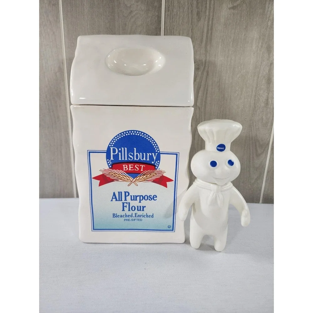 Vintage 1988 Pillsbury Flour Canister Recipe Bag Cookie Jar w/ 1971 Doughboy Set